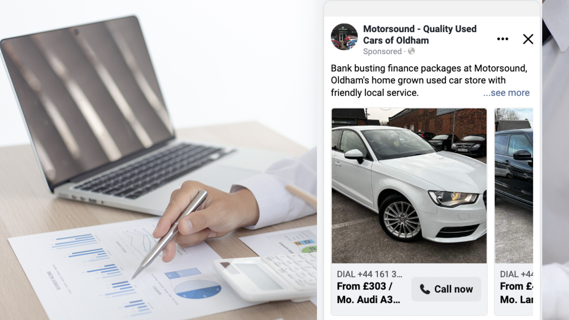 A screenshot of a facebook catalog ad showing cars for sale at a car dealership used to generate finance leads according to the article by GL Digital Automotive Marketing