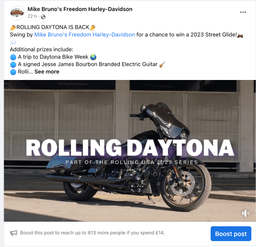 A Facebook post showing an event from a bike dealership