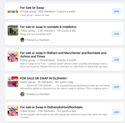 Screenshot of local for sale or swap facebook groups