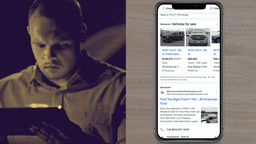 A car dealer using a smartphone to look at Google Vehicle ads for a Ford F150 truck using the Google Vehicle ads Beta in 2023