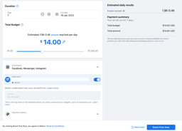 A screenshot of the the budget selection when boosting a post on facebook