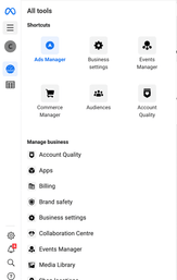 A screenshot of the sections of facebook business manager in the menu