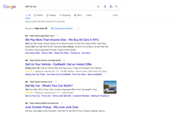 A screenshot of the Google results for the query 'Sell My Car' in February 2023, showing results in New York, NY