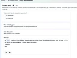 Screenshot of the create instant reply automation interface in facebook messenger for a car dealer