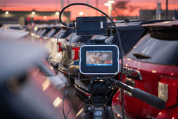A live video setup taking a video of a car lot outside at a car dealership