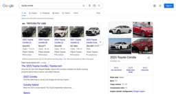 A screenshot of the Google Vehicles For Sale in February 2023, showing Google Vehicles for sale fo the query Toyota Corolla