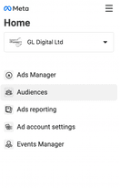 A screenshot of the left hand panel in facebook business manager showing the audiences option