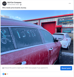 A Facebook post showing an humorous joke from a car dealership