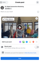 A screenshot of a Facebook video post that a car dealer can use