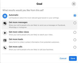 A screenshot of the different goals you can choose when boosting. a post on Facebook