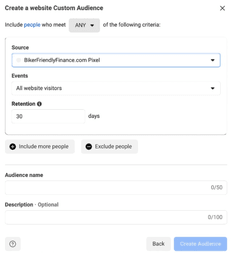 Create a custom audience popup in Facebook ads