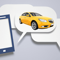 A car on a message bubble representing a car dealer talking with Facebook messenger
