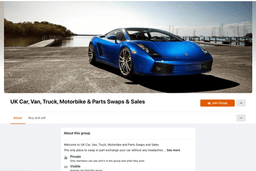 Screenshot of the Facebook group UK Car, Van, Truck, Motorbike &amp; Parts Swaps &amp; Sales on Facebook Desktop