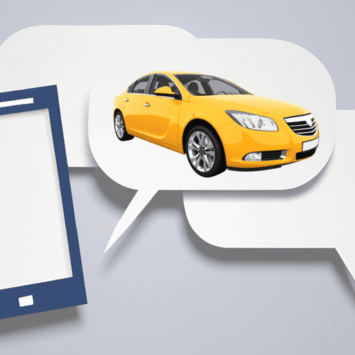 A car on a message bubble representing a car dealer talking with Facebook messenger