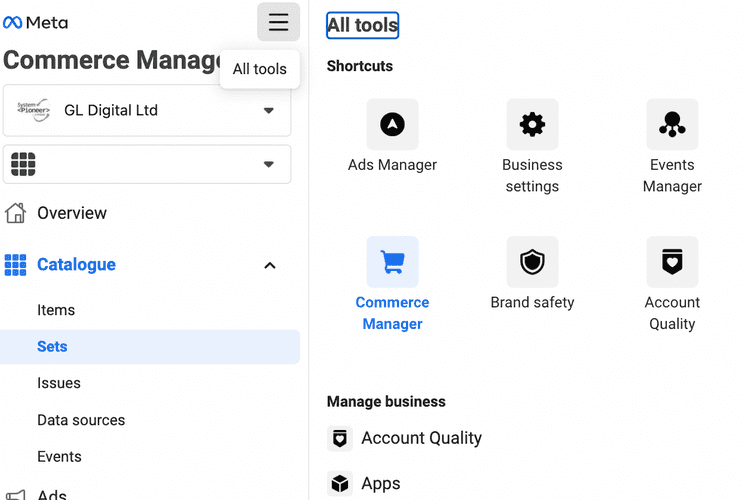 A screenshot of the Facebook business manager where you can see the link to the events manager.