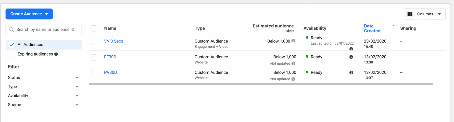 A screenshot of audiences interface in Facebook business manager