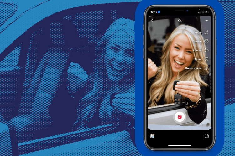 A smartphone taking a facebook reel of a woman driving a car that she has just bought of a car dealership