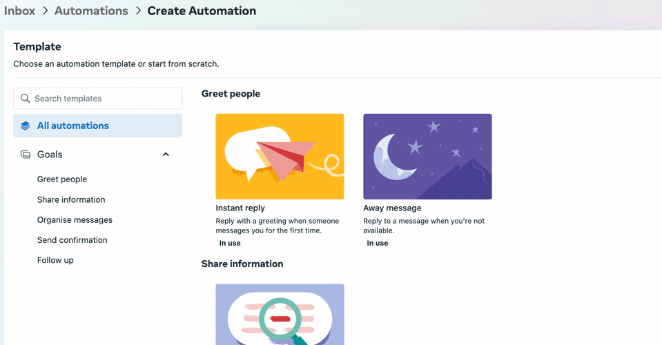 Screenshot of the create automation interface in facebook messenger for a car dealer