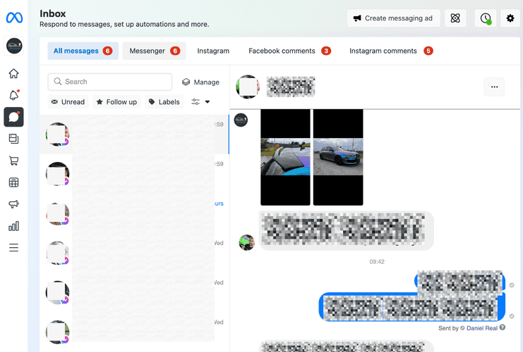 Screenshot of the facebook messenger interface as a car dealer