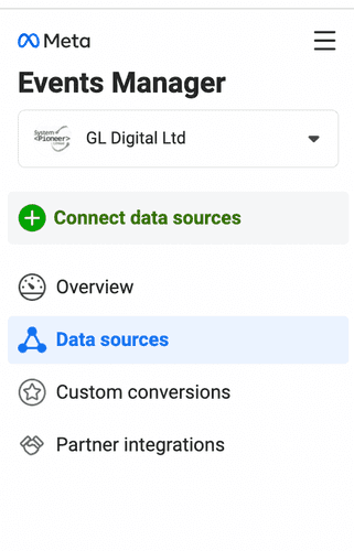A screenshot of the Facebook events manager showing the connect data sources option.