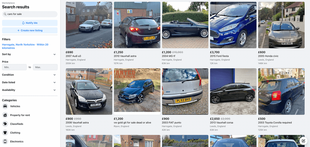 A screenshot of the facebook marketplace interface showing lots of cars for sale