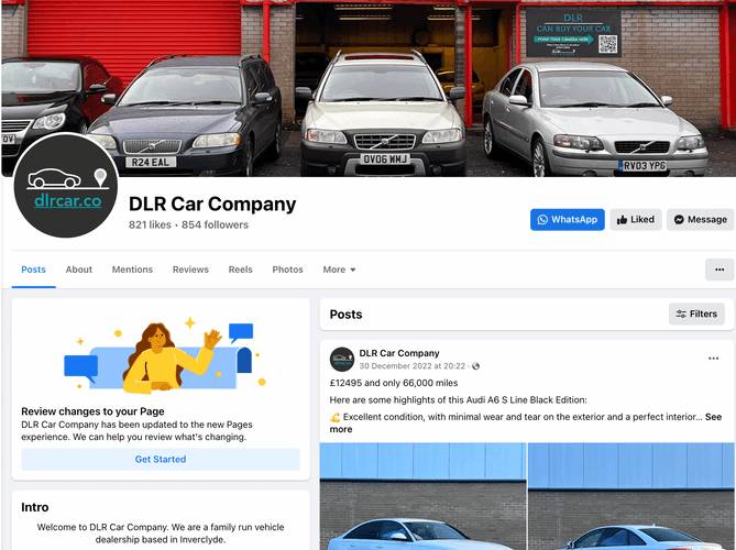A screenshot of our client's facebook page showing features relevant to car dealers