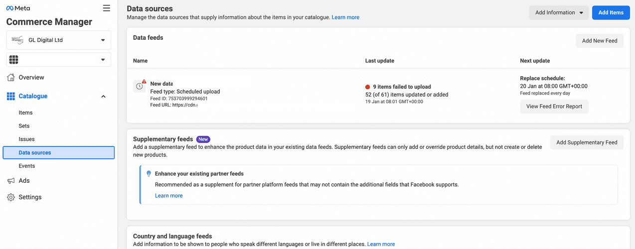 A screenshot of the data sources menu in Facebook commerce manager