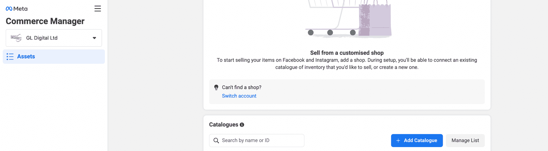 A screenshot of the add catalogue button in the Facebook commerce manager