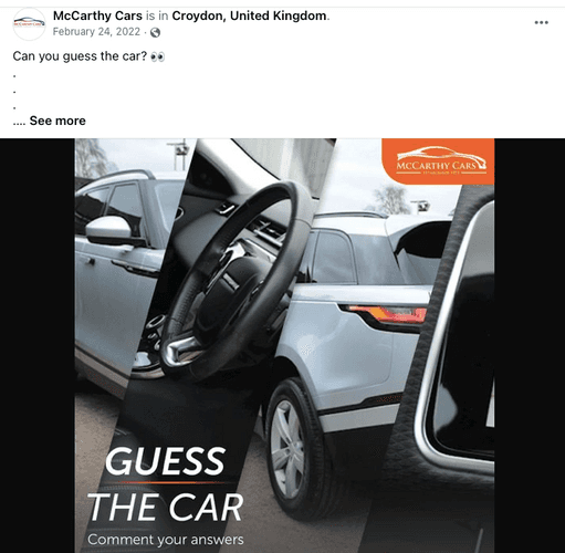 Screenshot of an example car dealership game and quiz post on Facebook