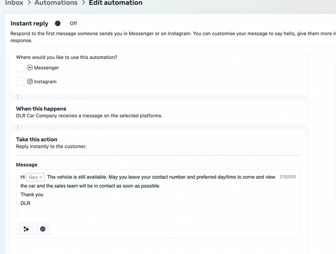 Screenshot of the create instant reply automation interface in facebook messenger for a car dealer