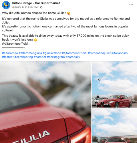 Screenshot of an example car dealership entertaining post on Facebook