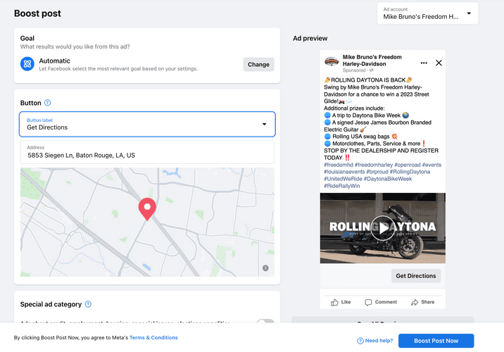 A screenshot of the facebook boost post interface