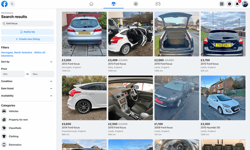 A screenshot of cars for sale on Facebook Marketplace
