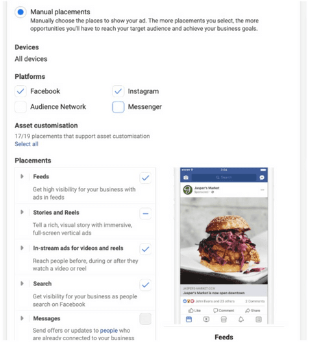 A screenshot of the the different ad placement options Facebook ads manager