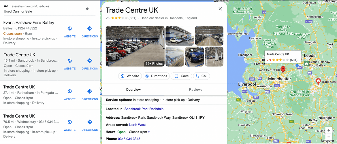 A screenshot of Trade Centre UK's Google maps listing, January 2023