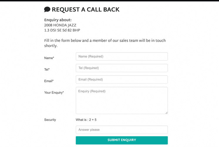 A screenshot of the send an enquiry form on a ClickDealer website.