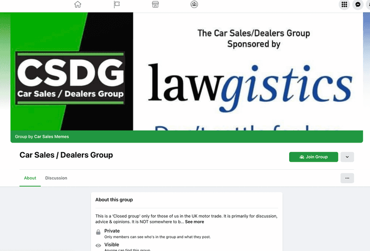 Screenshot of the Facebook group Car Sales/Dealers Group on Facebook Desktop