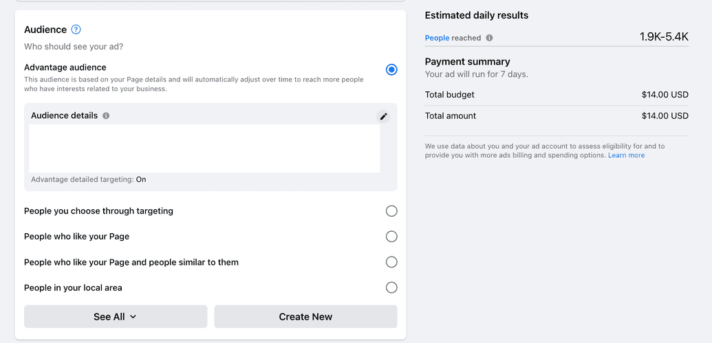 A screenshot of the the audience selection window when boosting a post on facebook