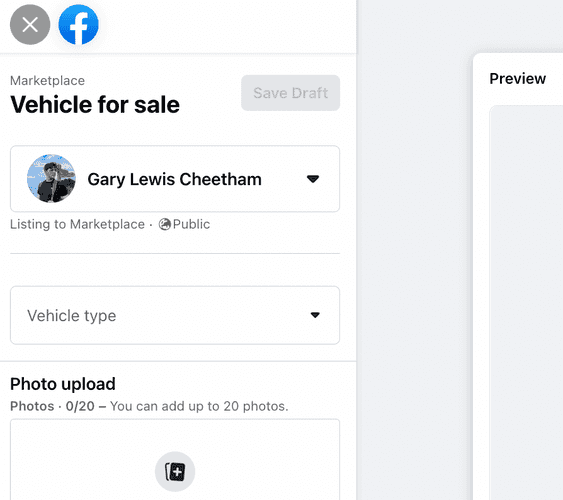 Profile switcher on the Facebook marketplace create listing interface