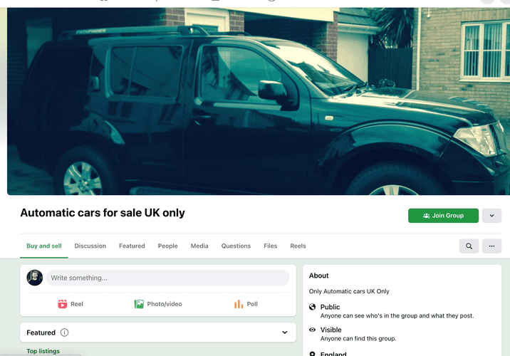Screenshot of the Facebook group Automatic Cars for Sale UK on Facebook Desktop