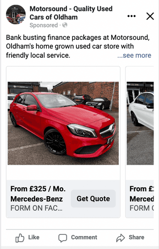 A screenshot of some Facebook ads we are running for a car dealership client