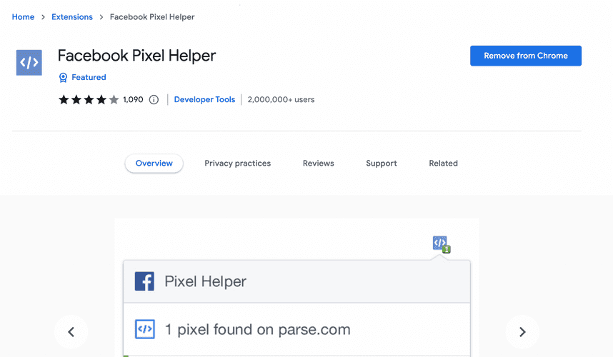 A screenshot of the Facebook Pixel Helper chrome extension in the Chrome Extensions marketplace