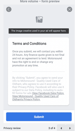 A screenshot of the final step of a Form on Facebook example for a car dealership catalog ads
