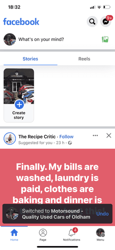 A screenshot of facebook app on a smartphone when switched into a business page